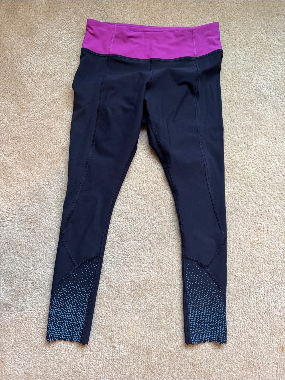 Lululemon Navy/Black Leggings with Purple Waistband and Embellished Hem
